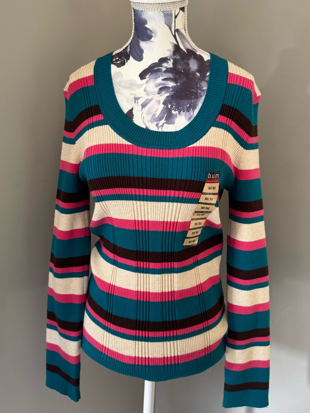 Y2K B.U.M. Equipment Teal, Pink & Cream Striped Knit Scoop Neck Sweater